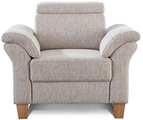 Cavadore Sessel Ammerland inkl. Federkern und Kopfteilverstellung / Großer Polstersessel im Landhausstil / Passend zur Sofagarnitur Ammerland / 101 x 84 x 93 / Strukturstoff natur