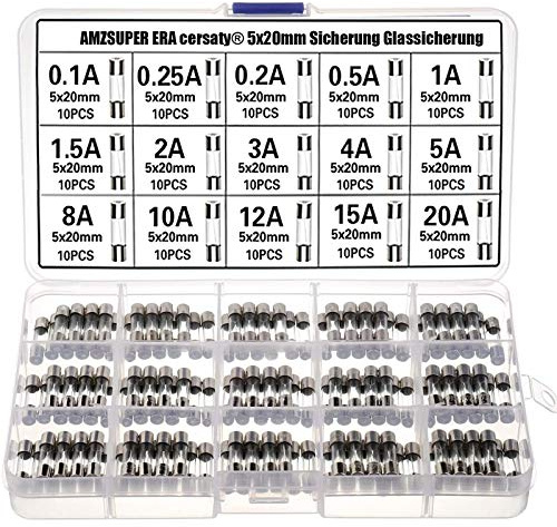 5x20mm Glassicherung, Schnelle Schlag Feinsicherungen Sortiment 15 Wert (0.1A 0.25A 0.2A 0.5A 1A 1.5A 2A 3A 4A 5A 8A 10A 12A 15A 20A) -150Pcs Glasrohrsicherung mit Box