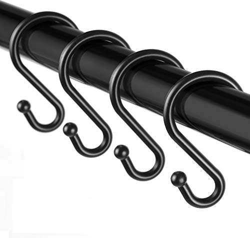 Metal Shower Curtain Hooks，Set of 12 Rings，Rust Resistant S Shaped Hooks Hangers for Kitchen Utensils, Clothing, Towels, etc. (Black)