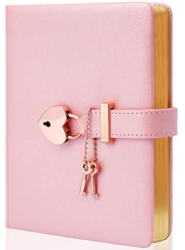CAGIE Diary with Lock for Girls Ages 8-12 Journal with Lock and Key 296 Gold Edged Pages Heart-Shaped Locked Journal for Women Teen Girls with Gift Box (A - Pearl Pink)