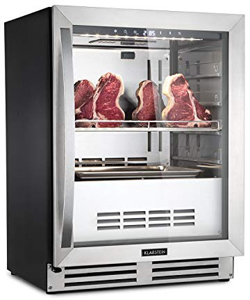 KLARSTEIN Steakhouse Frigorifero di Maturazione Dry-Aged, Frigo 1 Zona con Porta in Vetro, Interno ed Esterno, Illuminazione LED, Libera Installazione o da Incasso, Temperatura 1-25°C, 98 L