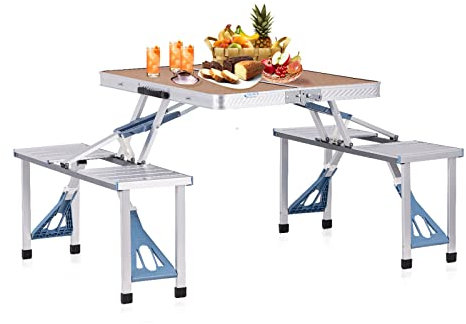 Best Goods Alu Camping Set Tisch Stuhl, koffertisch, campingtisch klappbar mit stühlen Vier Personen, Camping tischset mit Schirmhalterung, Camping sitzgruppe mit Tisch