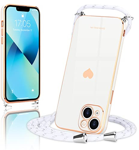 Wirvyuer - Carcasa con cordón para iPhone 13, Ultra Fina, Silicona Flexible, diseño de corazón con Cadena y Collar Ajustable, teléfono móvil, Llavero, Funda para iPhone 13, Color Blanco
