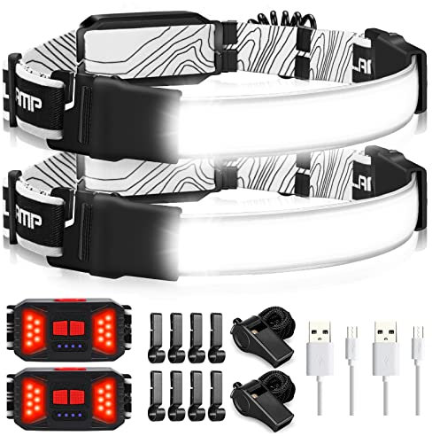 Adelante LED Headlamp Flashlight, 1000LM 230Wide-Beam USB Rechargeable Head Light with Taillight(Individual Control) & 8 Clips Waterproof Headlight Headlamps for Running and Camping (2 Pack, Black)