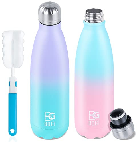 BOGI Edelstahl Trinkflasche 500ml, 2-Pack Doppelwandige Thermosflasche Auslaufsicher Trinkflasche Edelstahl Isolierflasche BPA-Frei Kinder Trinkflasche Schule Hält Heiß und Kalt für Sport Fahrrad