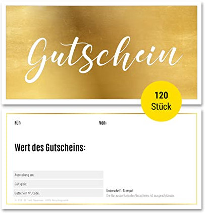Frank Paperman® | 120x Geschenk Gutschein blanko für Kunden mit funkelnder Goldprägung | Gutscheine zum selber Ausfüllen | Gutschein Vordruck im Format DIN Lang Plus