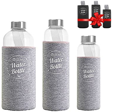 BEM Water Bottle-Set: Trinkflaschen in 3 Größen mit Hüllen-Sets (schwarz+grau)