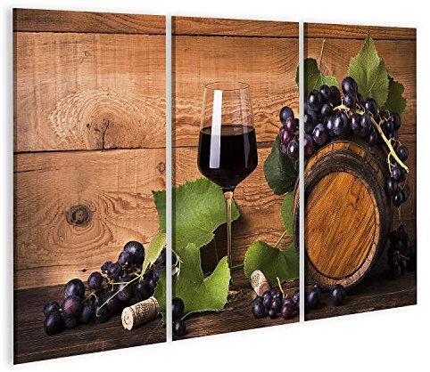 islandburner Image sur toile Composition calice vin rouge raisins feuilles vertes fûts en bois nature morte baril murale salon maison bureau affiche images GCPV-3Px