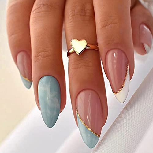 24Pcs Press on Nails Short, Almond French Tips Acrylic Full Cover Fake Nails with Glue Sticker, White Sky Blue False Nail Acrylic Stick on Nail for Women and Girls
