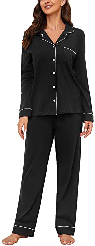 U2SKIIN Women's Pajama Set Long Sleeve 100% Cotton, Soft Ladies Pajamas Lightweight Nightwear Sleepwear Two-Piece Pajama Set (Black, L)