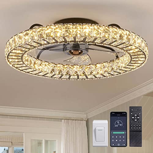 LUDOMIDE Flush Mount Ceiling Fan with Light, 22 Modern Crystal Chandelier Ceiling Fan with Smart 4-Light Color Change, Dimmable LED Ceiling Fan, 6 Wind Speeds, Low Profile Ceiling Fan for Bedroom
