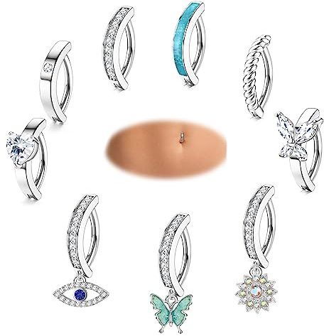 Finrezio 9 Stück 14G Clicker Bauchnabelpiercing Ring Chirurgenstahl für Damen Click Navel Gebogener Bauchnabelpiercing CZ Schmetterling Bauchring Piercing Schmuck