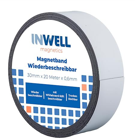 Inwell - Magnetband 30 mm mit Whiteboard-Beschichtung | Länge 20 meter | Magnetbänder mit weißer Oberfläche | Für einem Whiteboard-Marker | Magneten beschriftbar