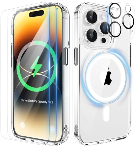 ORETECH für iPhone 14 Pro Hülle mit 2 Schutzfolie, Klar | Kameraschutz,Kompatibel mit Mag Safe,Stoßfest Kratzfest Transparent Rückseite Handyhülle für iPhone 14 Pro