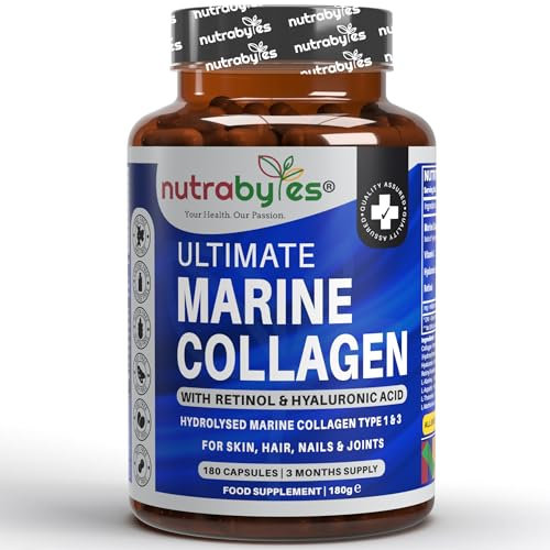 Nutrabytes Marine Collagen Supplement, 900mg (180 Capsules) | Type 1 & 3 Hydrolysed Collagen Peptides with Hyaluronic Acid, Vitamin C for Skin, Hair, Nail, Joint & Bone Health | 3 Months | Made in UK