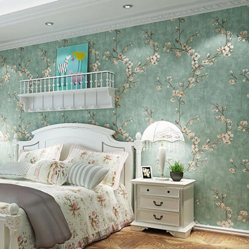 HimYKEA Papier peint non tissé rustique de campagne américaine, motif petites fleurs, arbre, style rétro, chambre à coucher, salon, fond non tissé, vert rétro, 5,4 x 90 cm (l x L)