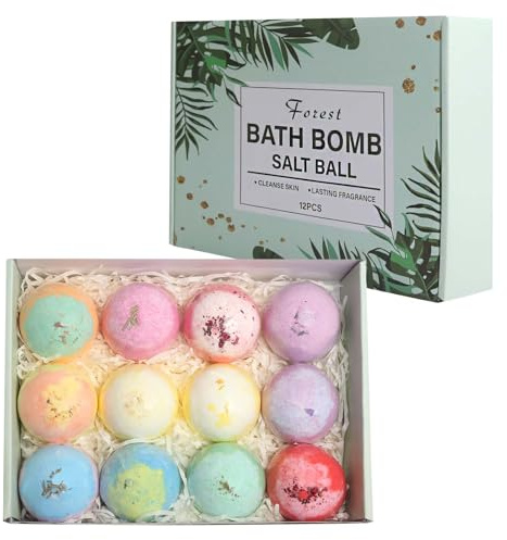 12x60g Bombas de Baño set de Regalo para mujeres, Naturales y Orgánicas Bomba sal de baño para niños, Bolas de baño de burbujas spa hecho a mano, con 12 aceites esenciales, relaja e hidrata la piel