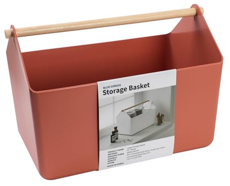 BLUE GINKGO Grand Panier de Rangement – Caddy en Plastique avec Poignée en Bois pour Salle de Bain, Placard ou Produits Ménagers (Terre cuite)
