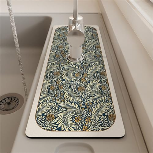 Morbuy Tapis de Robinet Diatomite, Fleurs Style Européen Tapis Absorbant pour Robinet de Cuisine, Tapis Égouttoir Évier Robinet Séchage Rapide Antidérapant (14x60cm-2 Pièces,Plantes)
