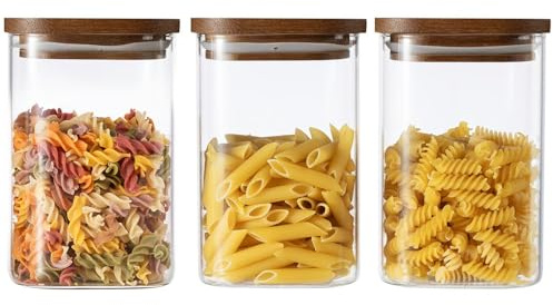 QuaLife 3-pack Förvaringsburkar (1000 ml) med Trälock – Lufttäta Glasbehållare i Borosilikatglas – Stapelbara Glasburkar för Spaghetti & Müsli – Fyrkantig Förvaring