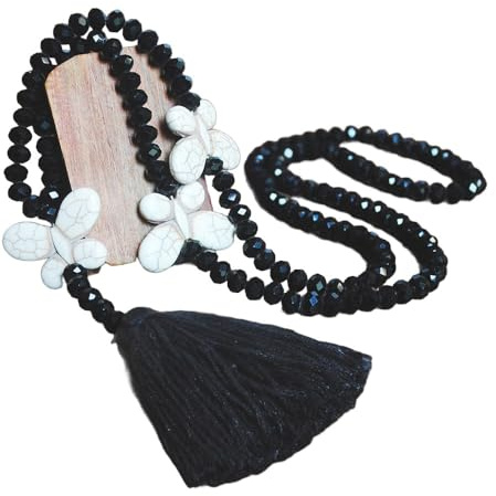 Whakano Böhmen Kristall Perlen Ketten,Schmetterling Handgemachte Halskette,Damen-Halskette Mit Quaste Anhänger,Pullover Kette Halsschmuck,Elegant Perlenkette Halsschmuck für Frauen Mädchen,Schwarz