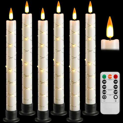 Da by Bougie LED avec télécommande et minuterie, bougie à piles avec guirlandes lumineuses, mèche dynamique 3D, lot de 6, ivoire, avec 6 bases noires, pour la décoration intérieure