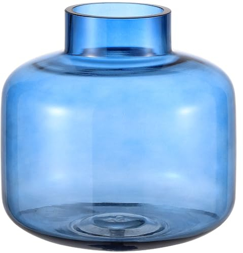 KAYLETIN Short Glass Vase, Blue Vase for Flowers, Short Flower Vases for Tulips, Round Glass Vases for Birthday, Wedding, Housewarming, Anniversary, Engagement, 15CM