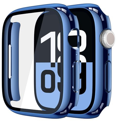 Misxi 2 pièces PC coque de protection en verre trempé pour Apple Watch série 11/10 42 mm, coque ultra fine anti-chute résistante aux rayures pour Iwatch, 1 bleu + 1 transparent