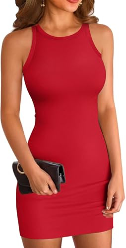 ELFIN Robe Moulante d'été Mini Courte Côtelée à Col Rond Slim pour Femme - Party Club Dress Décontractée Serrée