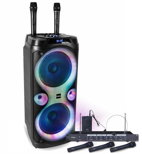 Ibiza Sound TWS Columba-Karaoke - Pack de altavoz Karaoke (1000 W, USB Bluetooth, 4 micrófonos inalámbricos VHF y cableados, fiesta de cumpleaños
