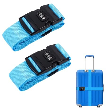 2 Stück Koffergurt mit Zahlenschloss, 200 * 5cm Blau Kofferband | Einstellbare Kreuz Koffer Gepäckgurte mit Schloss, Gepäckband für Koffer Gepäck Reisetasche