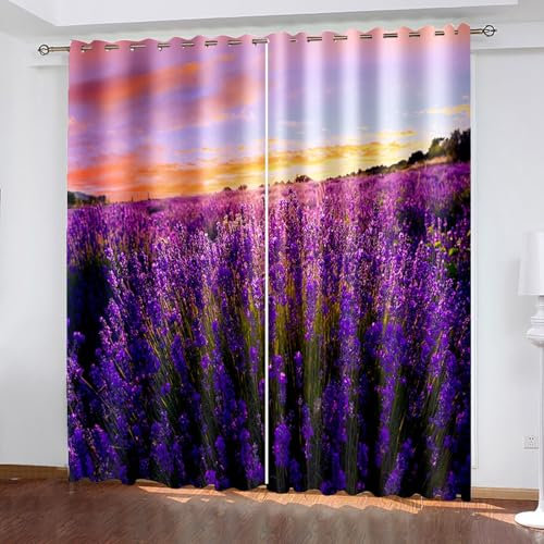 Lirzxin Verdunkelte Vorhänge 229 cm Lang, Gardinen Blickdicht mit Ösen 2er Set Lila Gelb Blau Sonnenuntergang Lavendelfeld Landschaft Vorhang für Wohnzimmer Schlafzimmer, 244x229 cm(BxH)