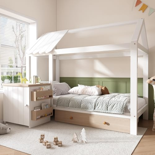 Hausbett 90x200 cm mit Schubladen Stauraum abnehmbarem Nachttisch Einzelbett Massivholz Bettrahmen Bodenbett ohne Matratze Gästebett Weiß+Holzfarbe
