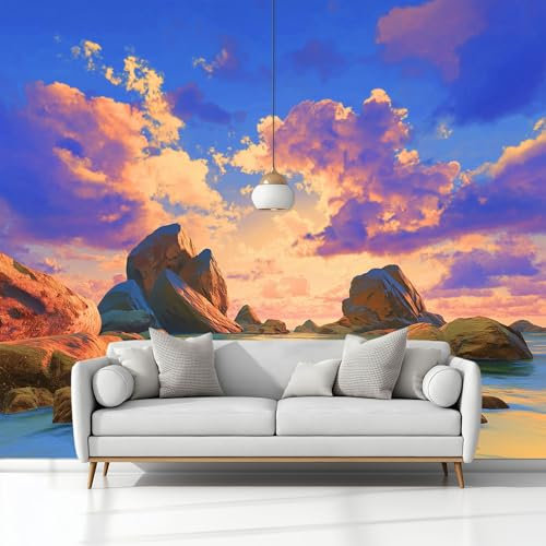 Paesaggio Naturale Tramonto Sul Mare Rocce Carta Da Parati 3d Fotomurale Murali 200 x 140 cm Moderna Fotomurali Murales Multicolore Poster Da Muro, Per Soggiorno Divano Tv Hotel A Tema Corridoio