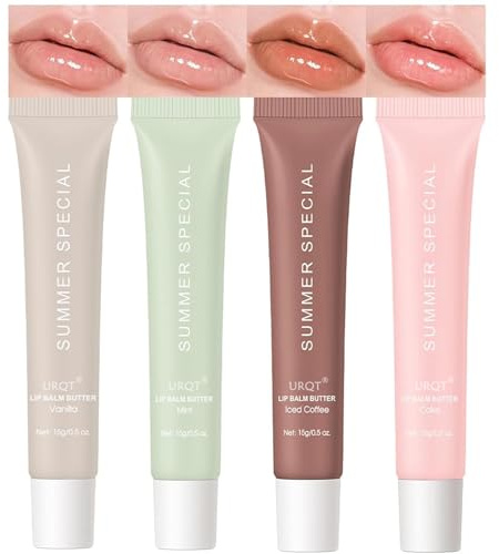 URQT 4PCS Summer Special Lip Butter Balm, Hydrating, Nourishing & Softening Lip Care with Natural Oils & Fruit Extracts, Long-Lasting Moisture, Non-Sticky Shine, Soften Dry Lips Lip Care (4PCS, 4)