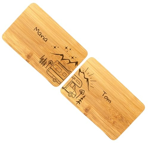 GRAVURITE - Camper Frühstücksbrett Set, Geschenk, Camping Brettchen, Brotzeitbrett, Camping Geschenk, Personalisiertes Geschenk, Frühstücksbrettchen Gravur, Geschenkidee, Bambus 22x14cm (Klassisch)