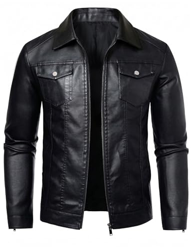 Zbrandy Black Leather Jacket Men Faux Leather Jackets Motorcycle Jacket Casual Zip Up with Turn-Down Collar Biker Outerwear Coat XXL