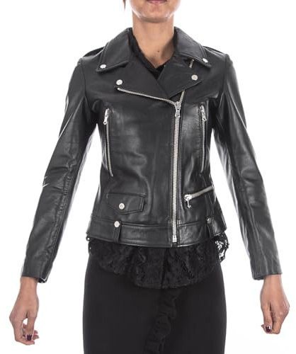 ITALIAN SKINS® Chiodo Donna in Vera Pelle Nera, Full Grain, Slim Fit -Made in Italy- (IT, Testo, M, Regular, Regular)