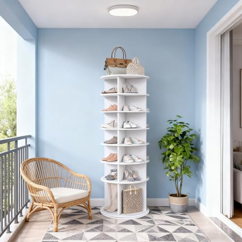 Leavader Drehbarer Schuhturm mit 7 Ebenen – 360° drehbarer Schuhständer, freistehend, platzsparend für bis zu 28 Paar Schuhe, Höhenbasis für Stiefel, weiß (60 × 60 × 184 cm)