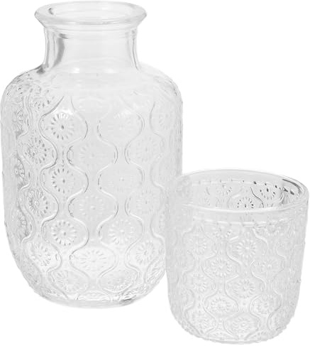 DONFAMDS Juego de Jarra y Vaso de Vidrio 2 Piezas 600ml 160ml con Diseño de Girasol, Dispensador de Bebidas Transparente para Agua Fría, Uso Doméstico y Mesa de Noche