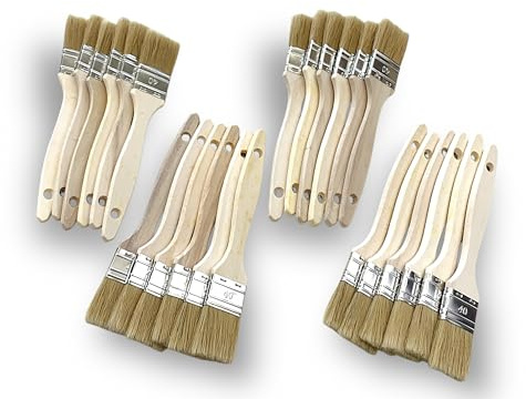 Kibros Lot 24 pinceaux Queue de morue Soie Blanche 40 mm | Soie blanche naturelle, manche bois brut, pour peinture huile, acrylique, vernis, lasure et colle.
