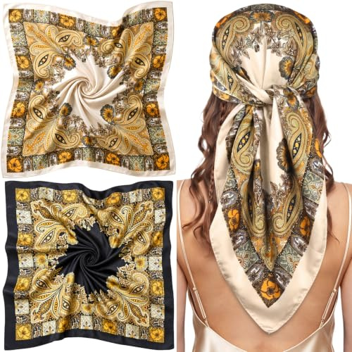 HIVTE 2er Set Große Kopftücher Für Damen, Satin 90x90 CM, Bandana Sommer | Große Satin-Schals Für Haare Und Hals. Vielseitiger Haarschmuck Für Sommer, Alltag Und Festival-Outfits. Weich Und Angenehm