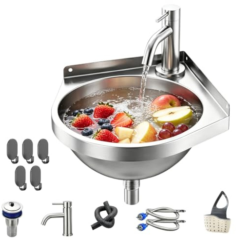 Agrdeed Lavello angolare in acciaio inox con rubinetto caldo/freddo, lavabo triangolare da parete, lavabo con spugna e panno in microfibra, rubinetti dell'acqua per bagno, WC, cucina, camper, barca