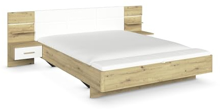 möbelando Rauch Mosbach Bettanlage – Modernes Boxspring-Bett mit LED-Beleuchtung, Stauraum-Sitzbank & Eiche Artisan Design – 265 x 245 cm – Made in Germany