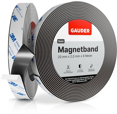 GAUDER Magnetband selbstklebend mit 3M-Kleber - Stark haftender Magnetstreifen zuschneidbar - Magnetklebeband mit hoher Magnetkraft & zuverlässiger 3M-Klebeschicht (6 m x 20 mm)