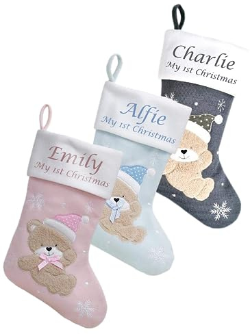 Hoolaroo Personalised Christmas Stocking Boot Sock Xmas Deluxe Baby Christmas Traditional 40cm PINK Girl Baby First Christmas Babies 1st year