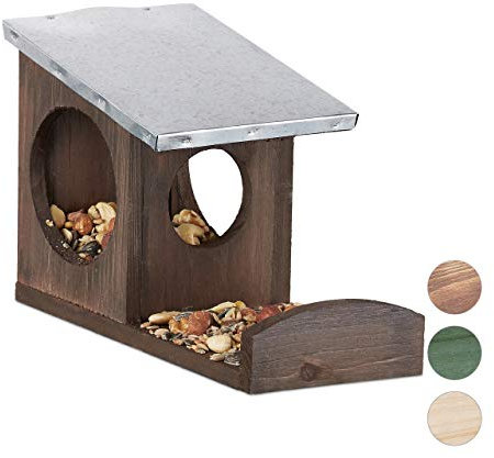 Relaxdays Eichhörnchen Futterhaus, Kobel aus Holz, wetterfestes Metall Dach, zum Aufhängen, Garten Futterstation, braun, Dunkelbraun