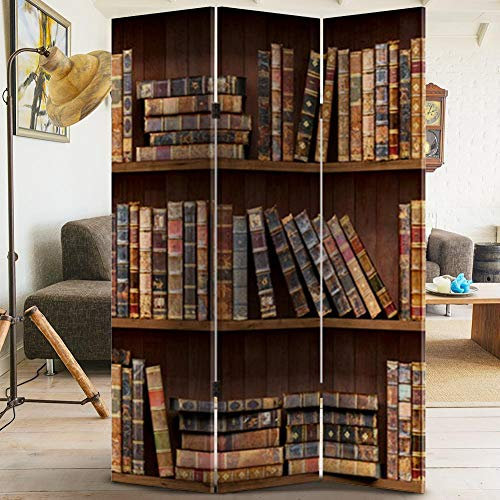 BAKAJI Paravento Separè 3 Pannelli Struttura in Legno Rivestimento in Tela Con Stampa Fronte Retro Libreria Antica Divisorio Richiudibile Pieghevole (180x120cm)