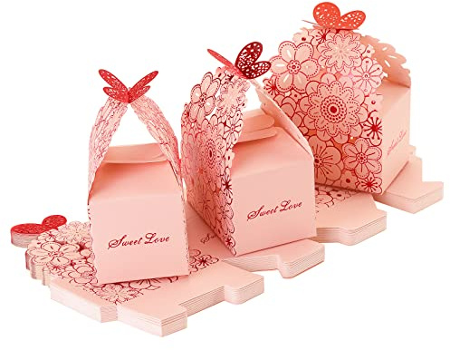 TsunNee 30PCS Hohlpapier-Bonbonboxen, Blumenmuster-Hochzeitsbevorzugungsboxen, Schmetterlingsmuster-Party-Geschenkboxen, Kreativpapier-Geschenkboxen (Rosa, 9 x 6 x 6 cm)