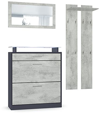 Vladon Garderoben-Set Loret Mini, Schuhschrank 89 x 104 x 23 cm für bis zu 16 Paar Schuhe inkl. Spiegel, 2 Wandpaneele und LED-Beleuchtung in Weiß, Anthrazit matt & Beton Oxid Optik